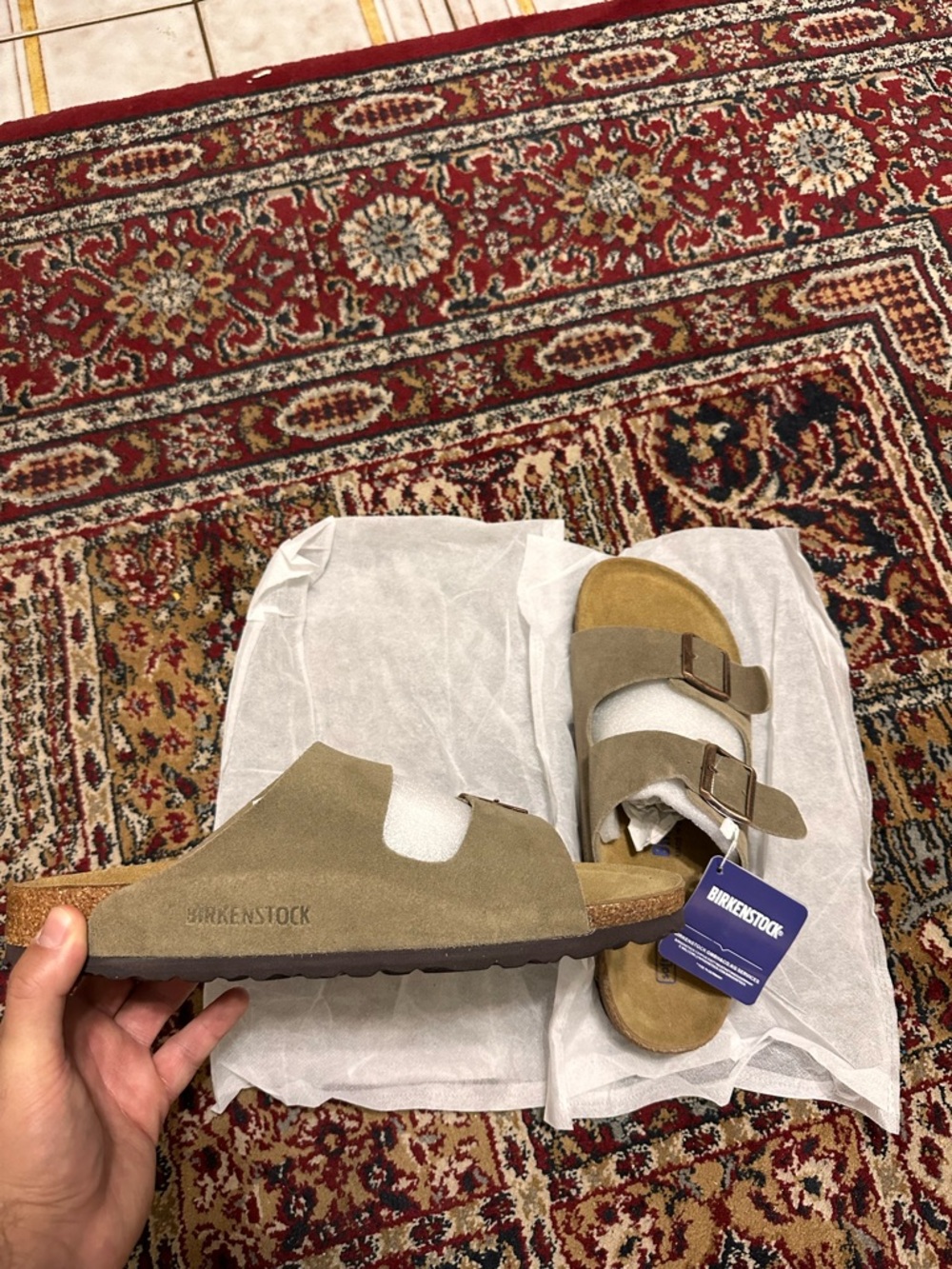 Birkenstock Arizona Suede Two-Strap Sandals in Taupe